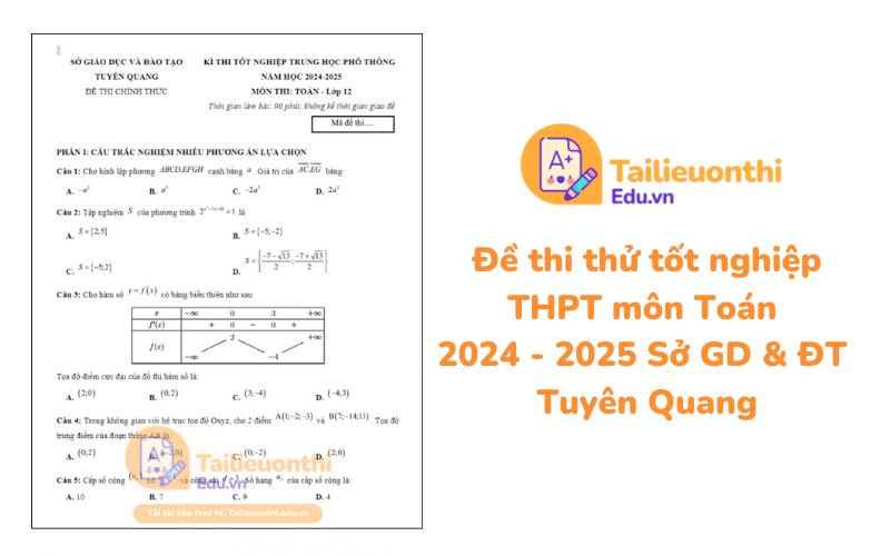 Đề thi thử tốt nghiệp THPT môn Toán 2024 - 2025 Sở GD  ĐT Tuyên Quang